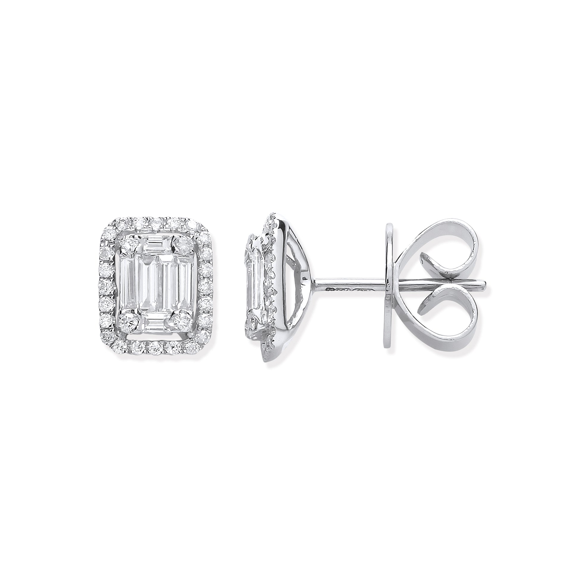 18ct White Gold 0.65ct Baguette & Brilliant Cut Diamond Rectangle Halo Earrings - Precise Jewellers