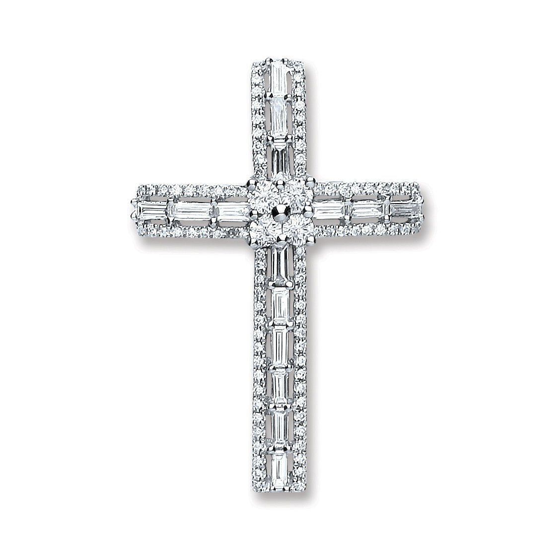 18ct White Gold 1.00ct Baguette & Brilliant Cut Diamond Cross Pendant - Precise Jewellers
