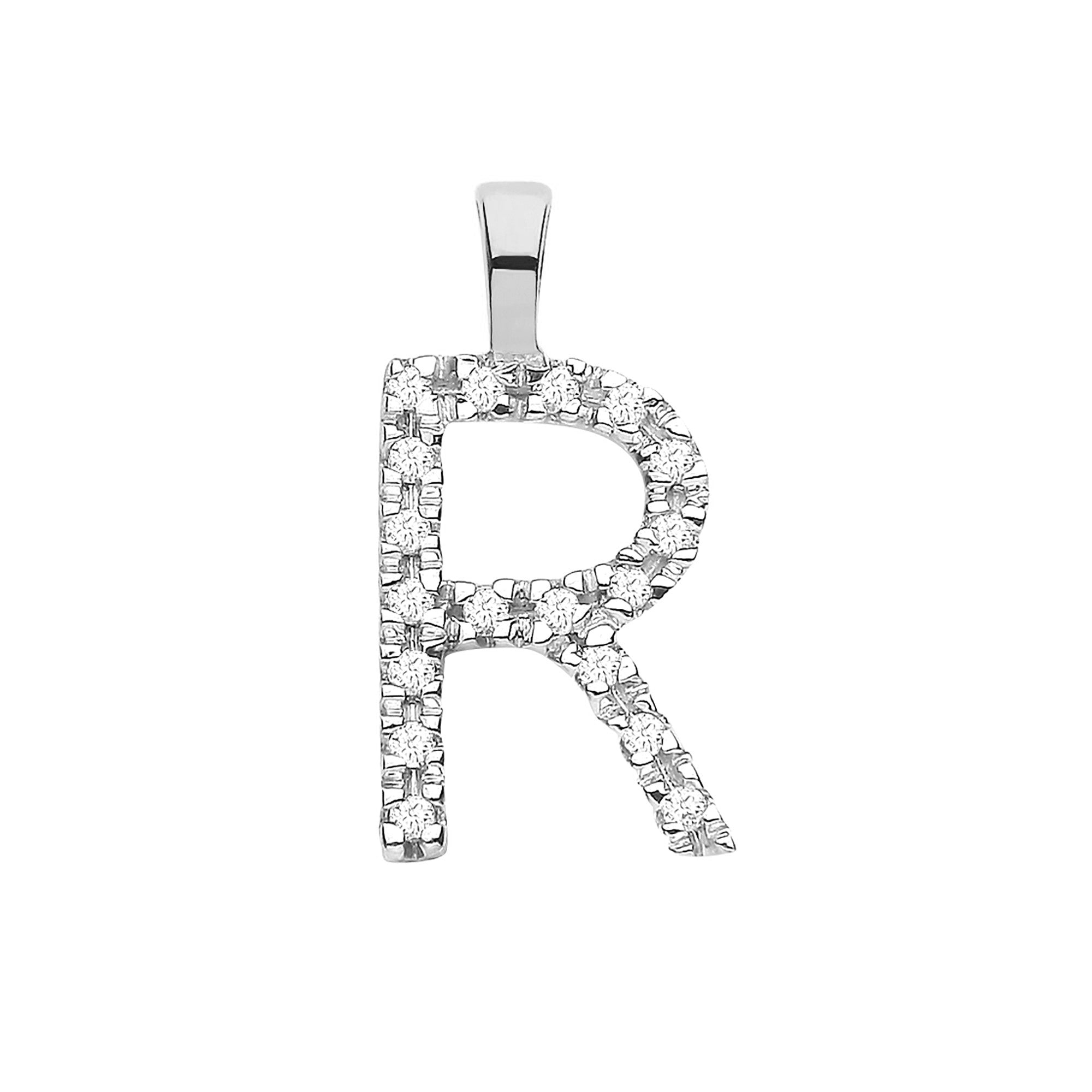 9ct White Gold 0.06ct Diamond R Initial - Precise Jewellers