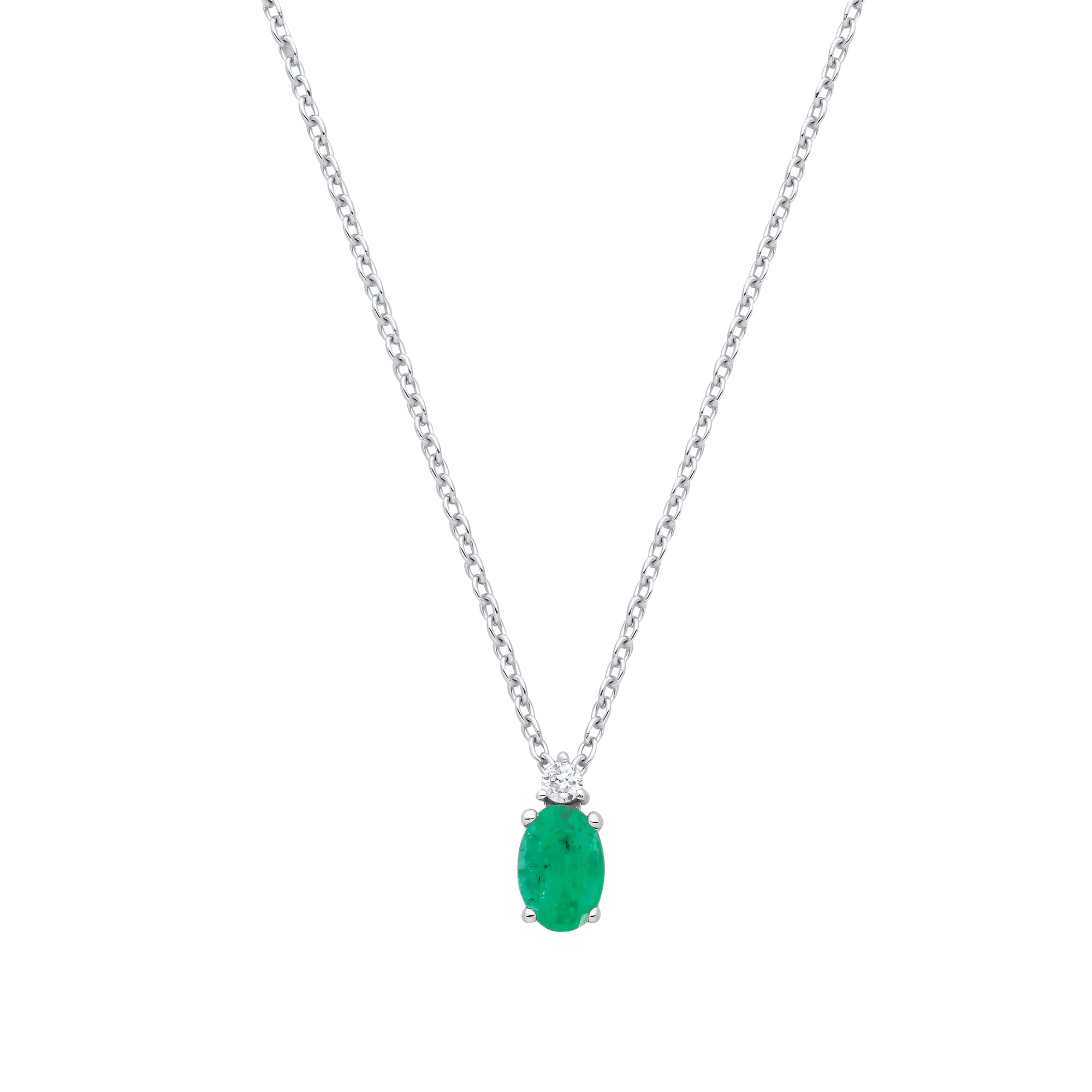 9ct White Gold Diamond 0.03ctw & Emerald 0.38ctw Necklace - Precise Jewellers