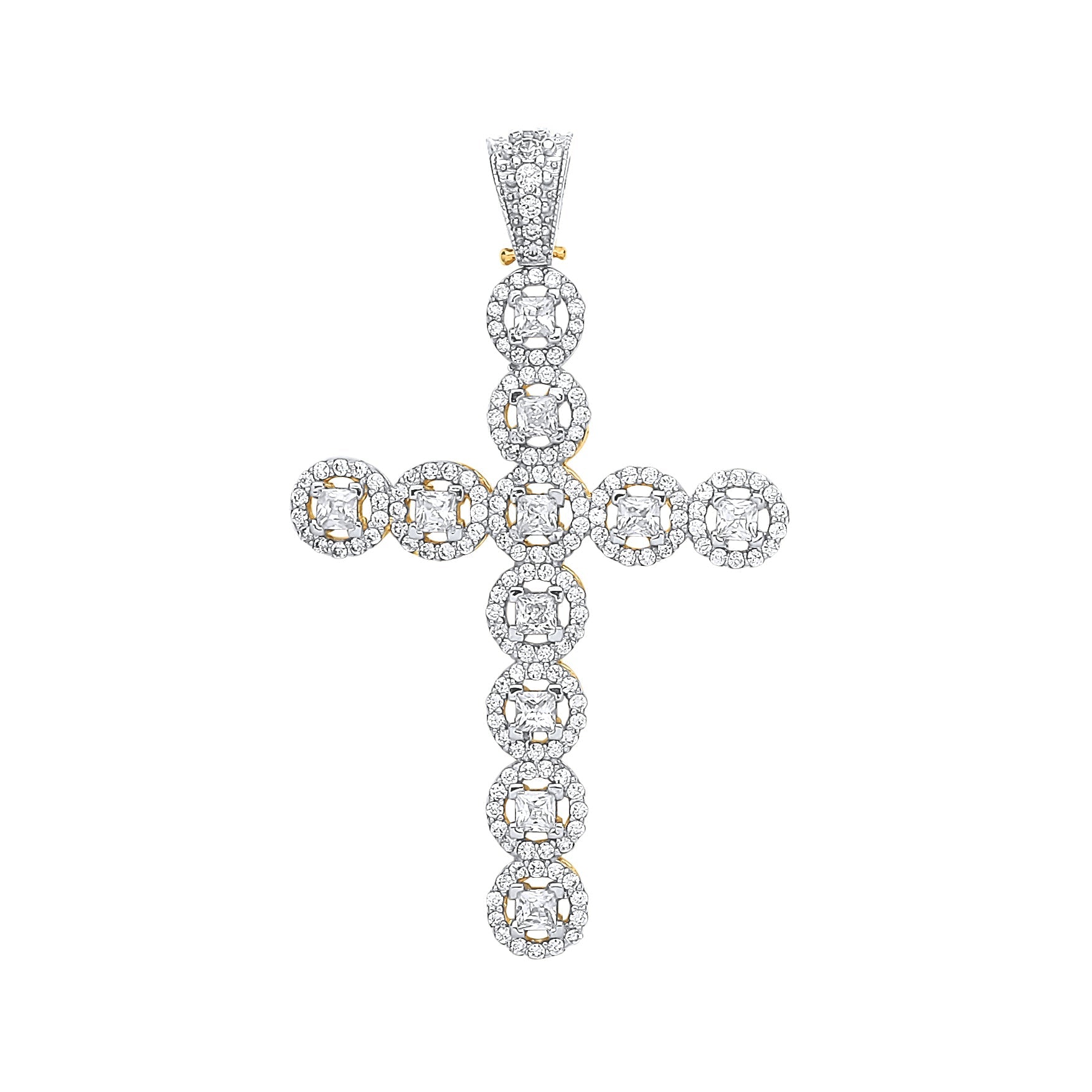 Gold cross pendant with Cubic Zirconia halo setting detail Yellow gold cross pendant front view Cubic Zirconia halo cross pendant side view Gold cross pendant on model