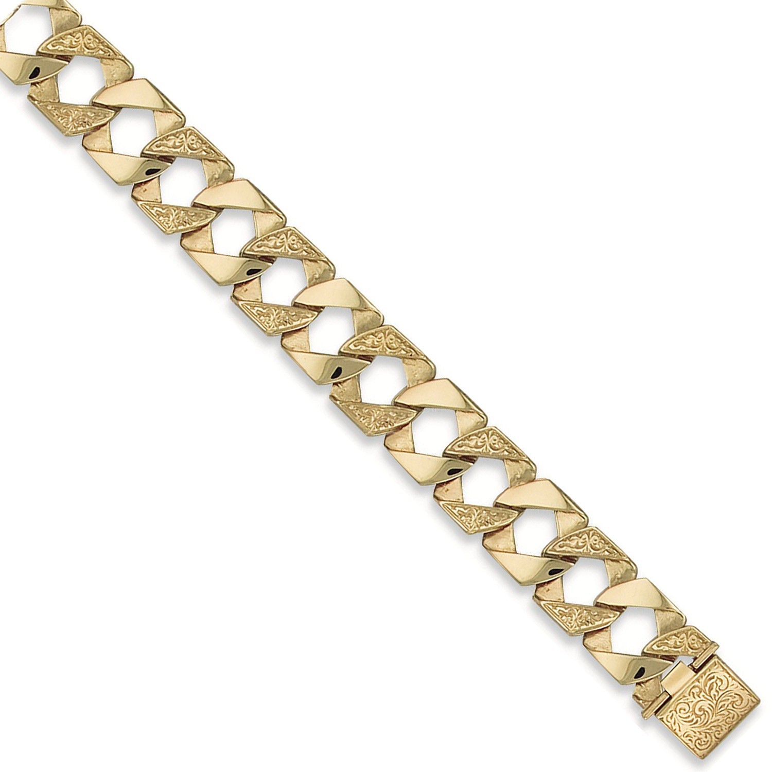 9ct Yellow Gold 17mm Plain & Patterned Casted Curb Bracelet