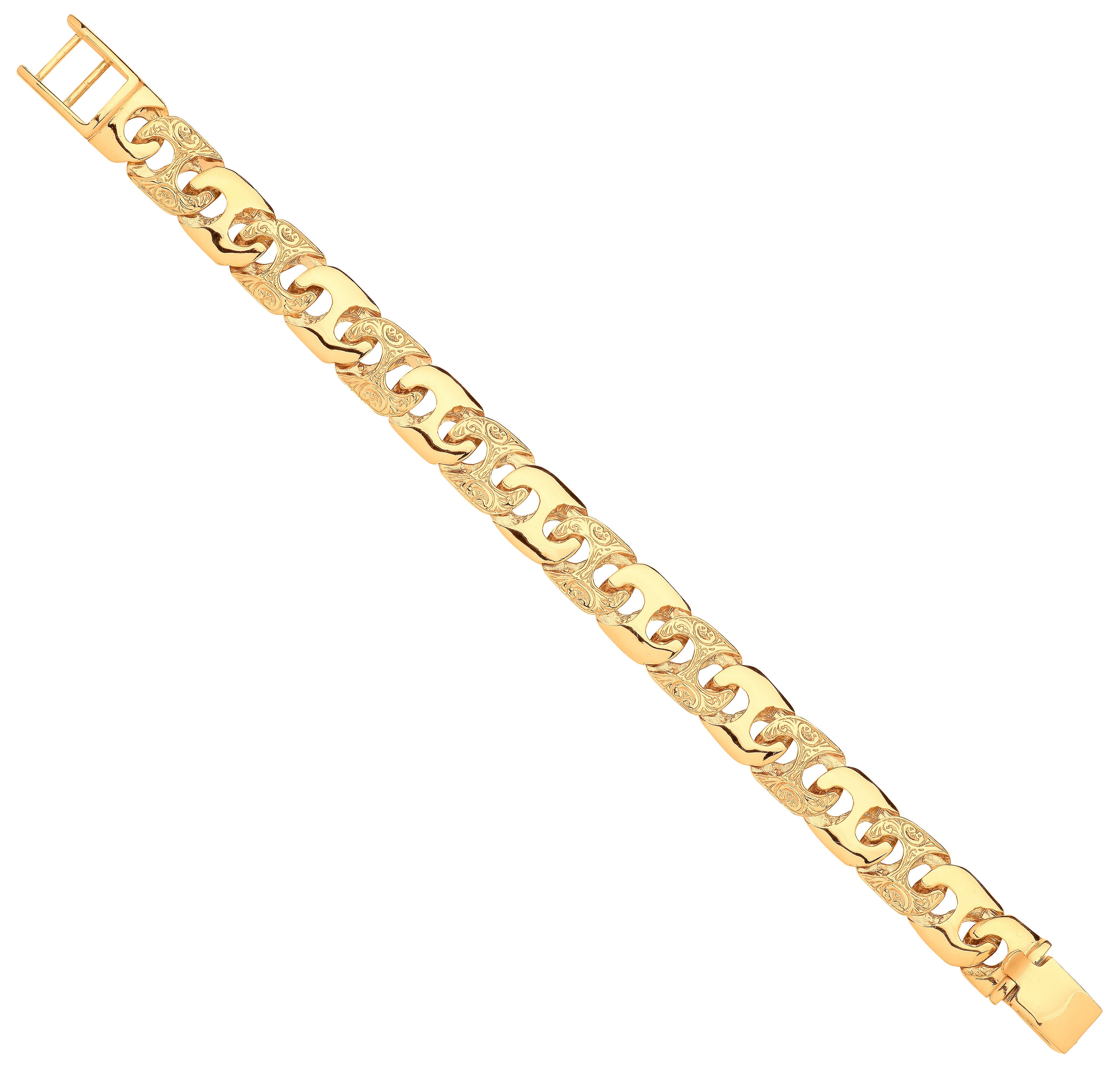 9ct Yellow Gold 14mm Plain & Engraved Anchor Medium Link Gents Bracelet