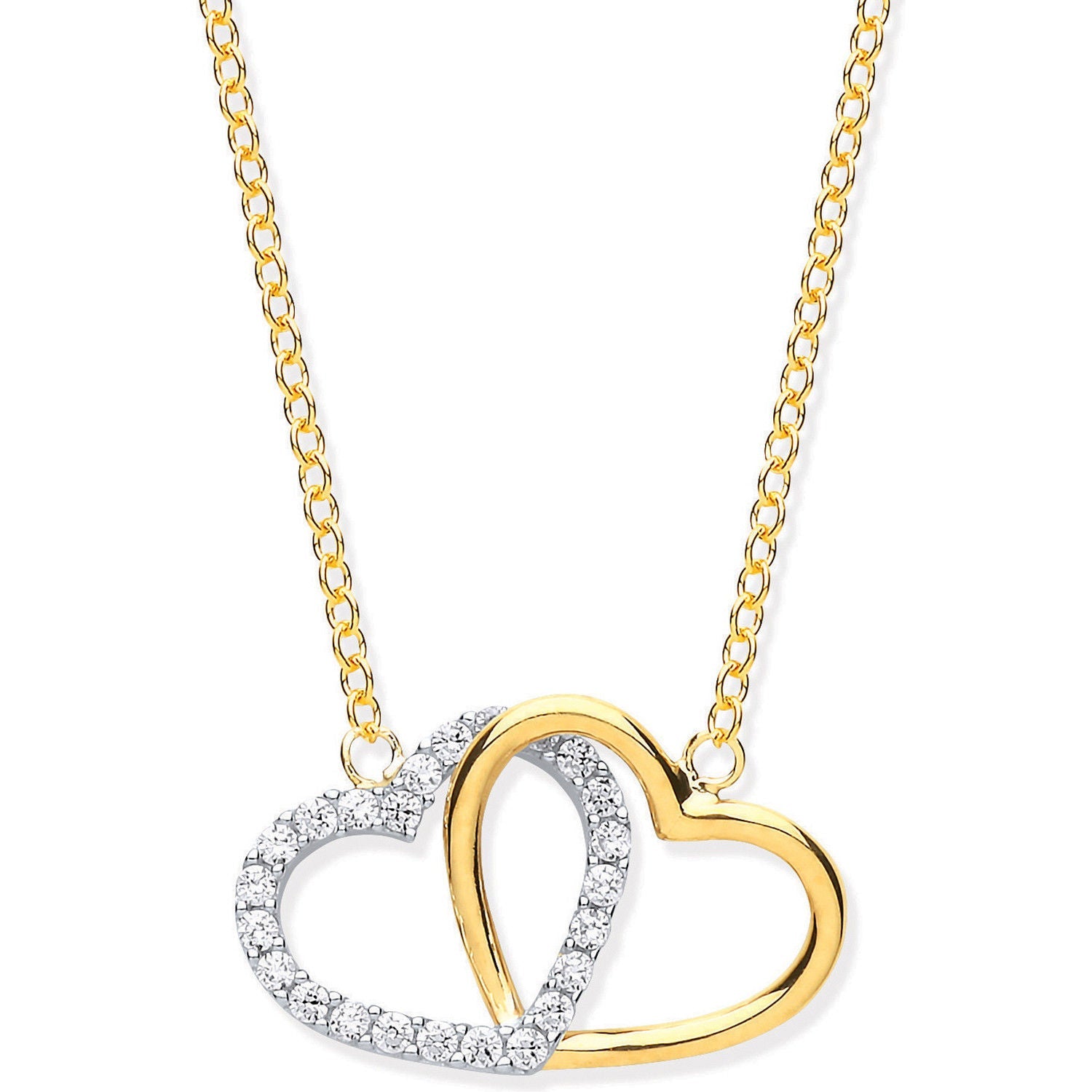9ct Yellow & White Gold Plain and Cubic Zirconia Joined Hearts Pendant on 18" Chain