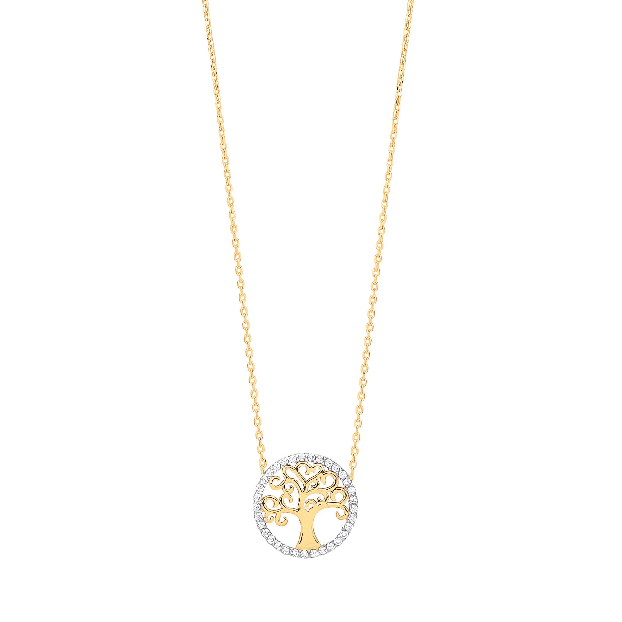9ct Yellow Gold Tree of Life Cubic Zirconia, 18" Necklace