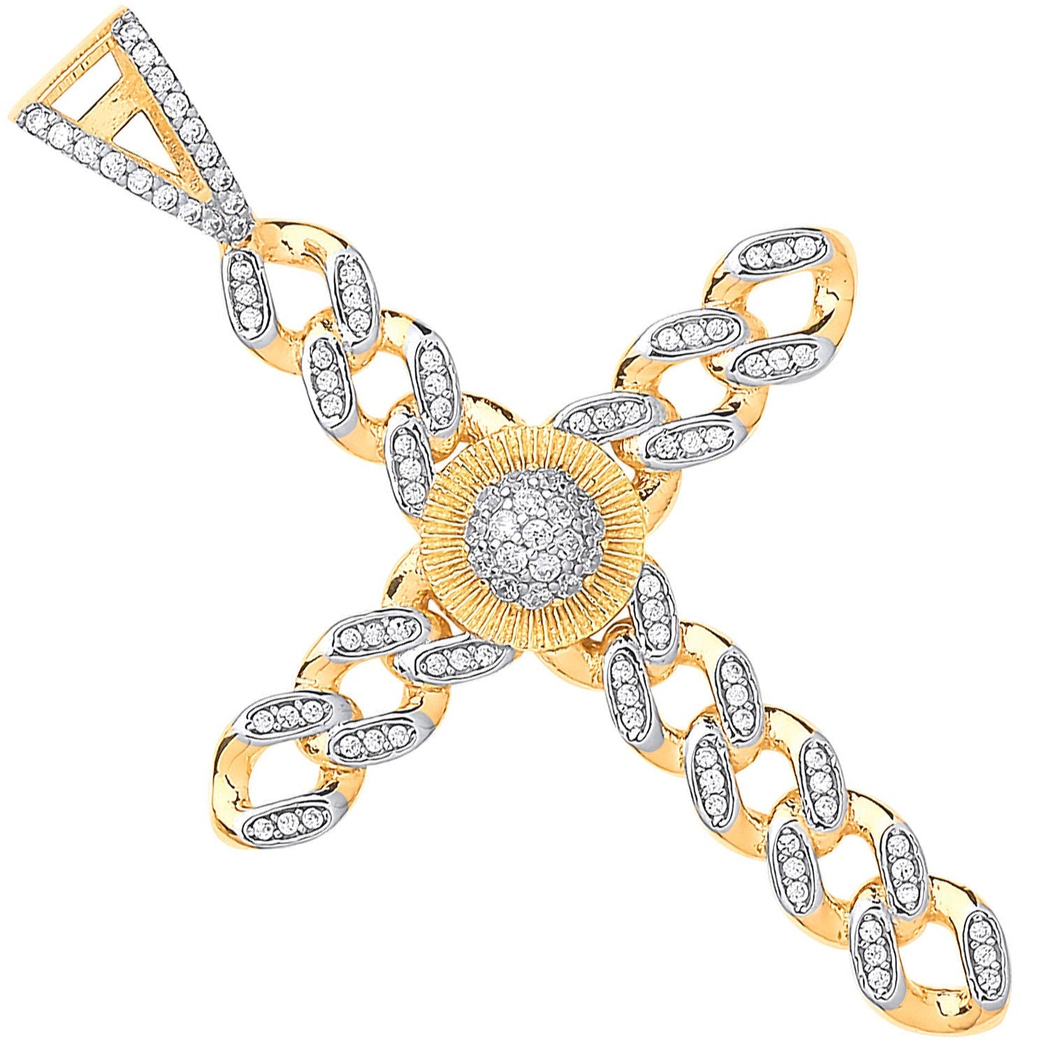 9ct Yellow & White Gold Large Round Charm Cubic Zirconia Curb Link Cross