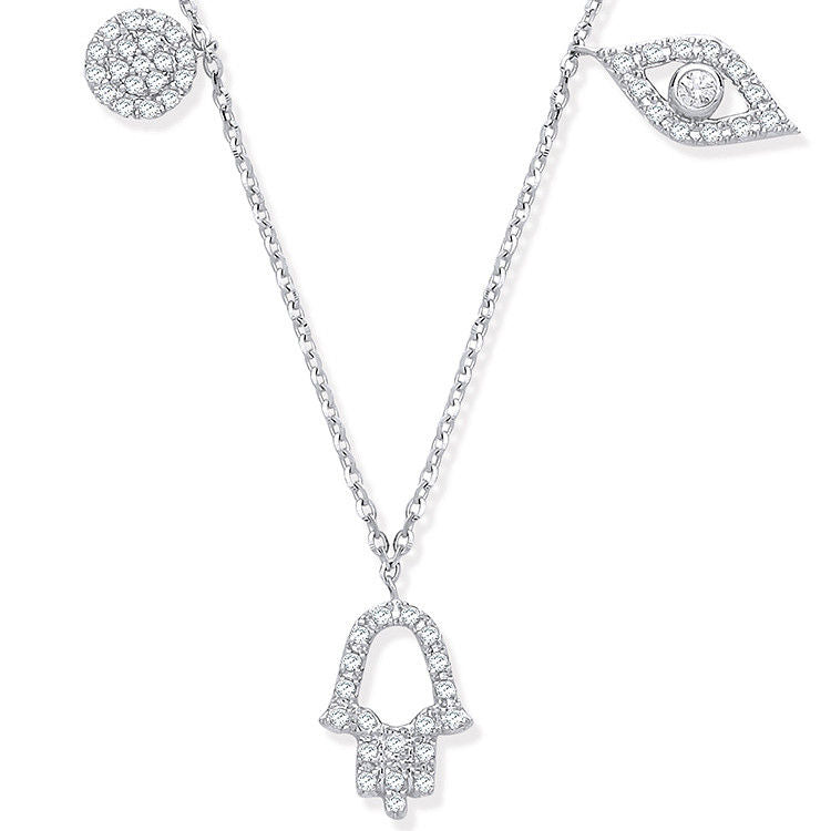 9ct White Gold 0.22ctw Evil Eye, Hamsa & Circle Pendant (18in/45cm) Chain