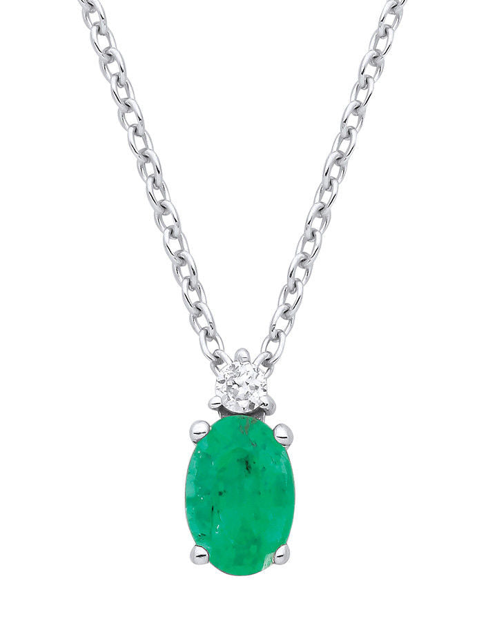 9ct White Gold Diamond 0.03ctw & Emerald 0.38ctw Necklace (Chain 17")