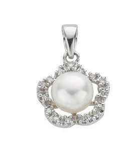 9ct White Gold 0.10ct Diamond & Freshwater Pearl Pendant