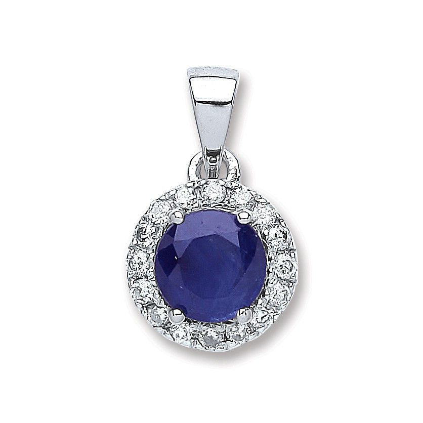 9ct White Gold 0.15ct Diamond, 0.70ct Round Sapphire Pendant