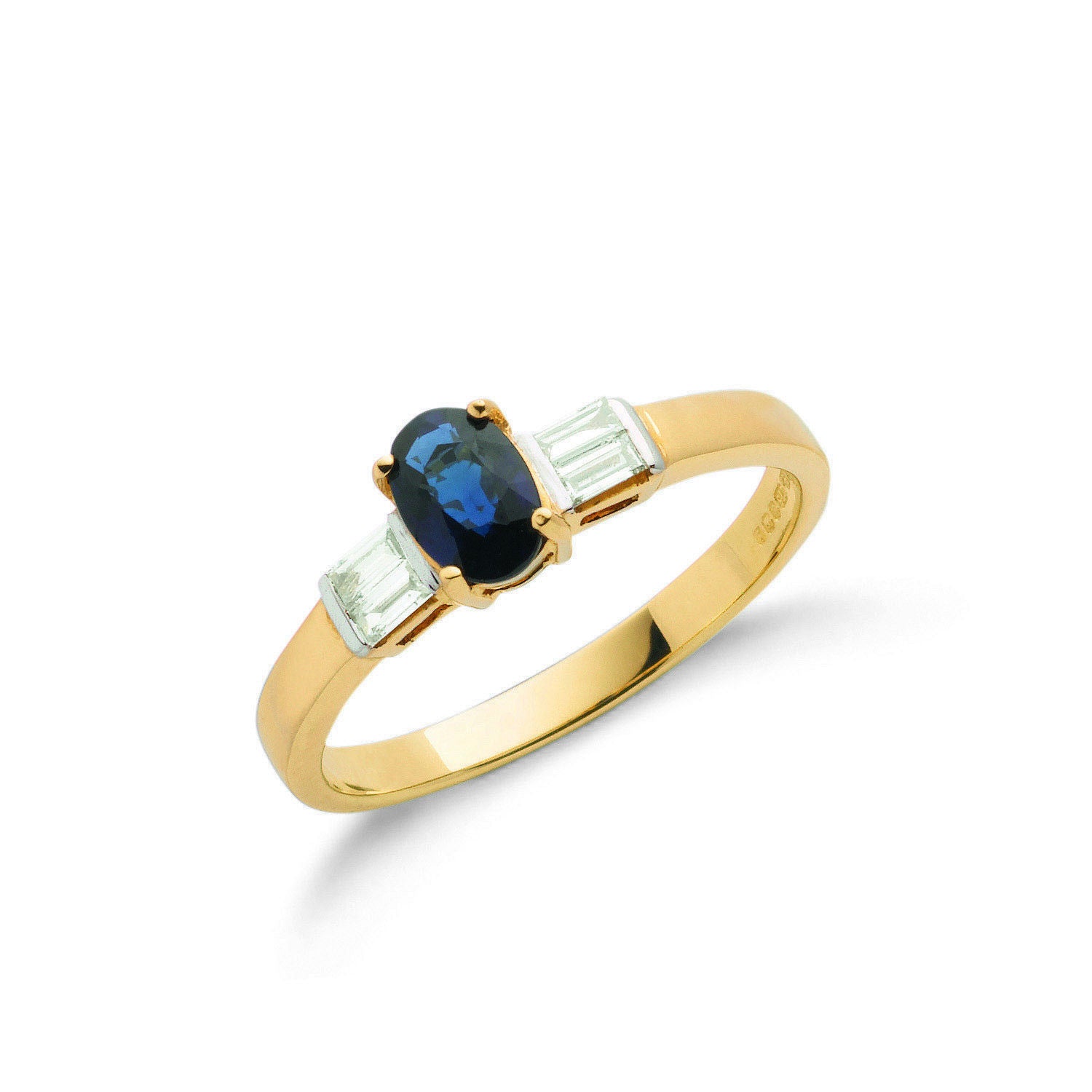 9ct Yellow Gold Baguette Cut 0.11ct Diamond & 0.60ct Blue Sapphire Ring