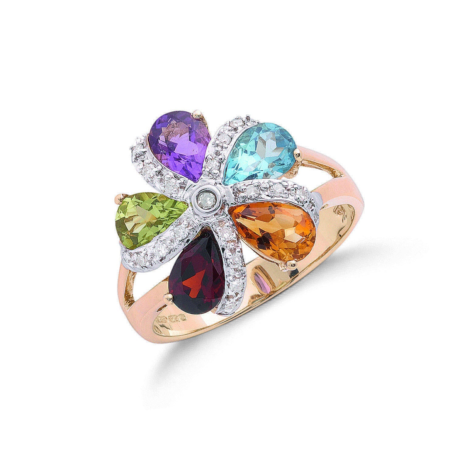 9ct 9ct Yellow Gold Diamond & Multi Colour Saint Flower / Cluster Ring