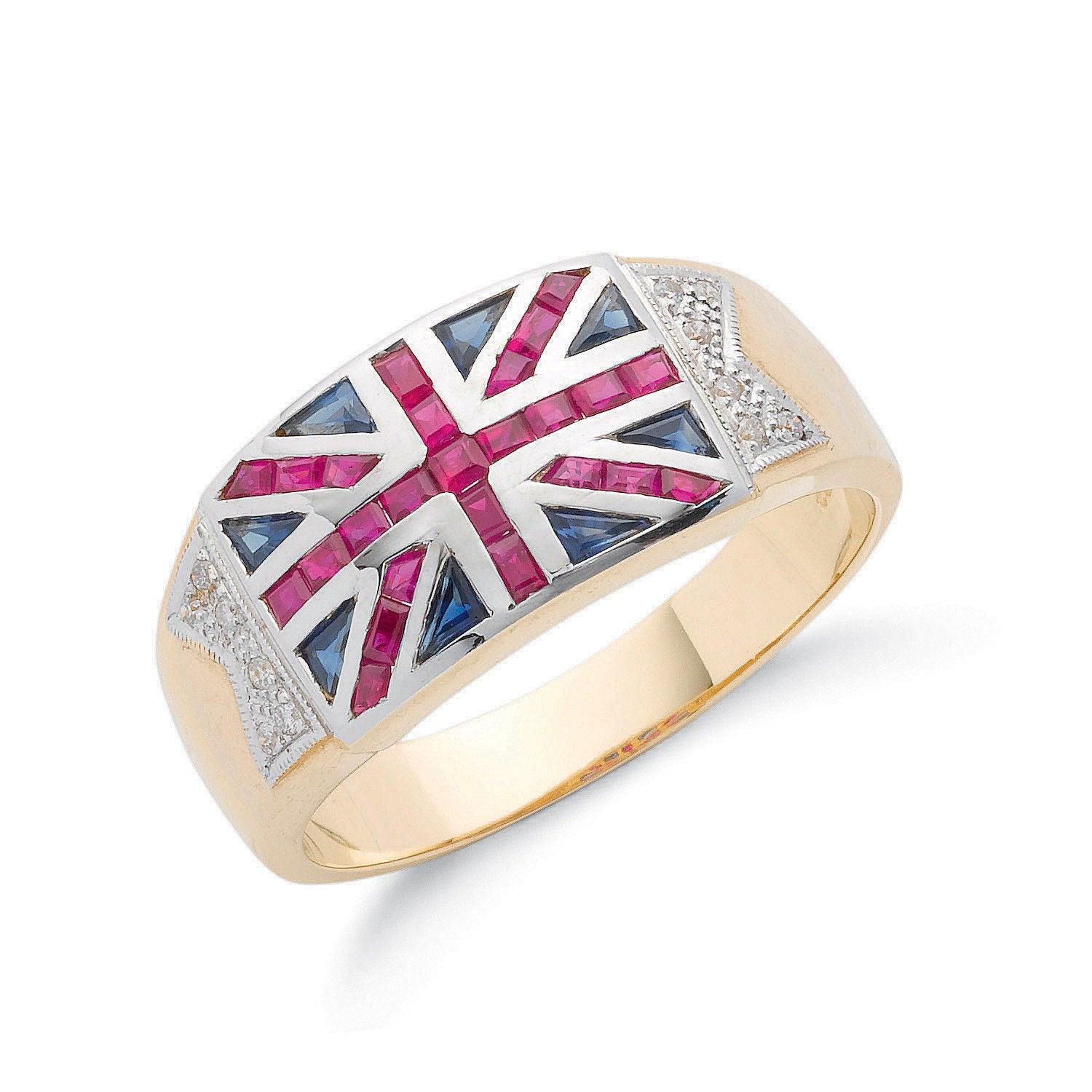 9ct 9ct Yellow Gold 0.06ct Diamond 0.30ct Blue Sapphire &1.00ct Ruby Union Jack Ring