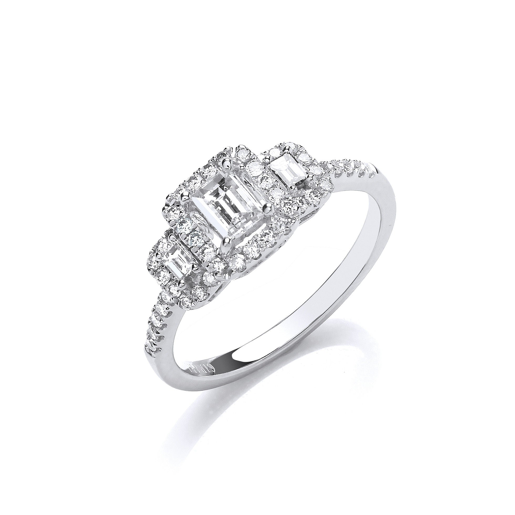 18ct WG Emerald Cut 0.75ct Halo style Trilogy Ring