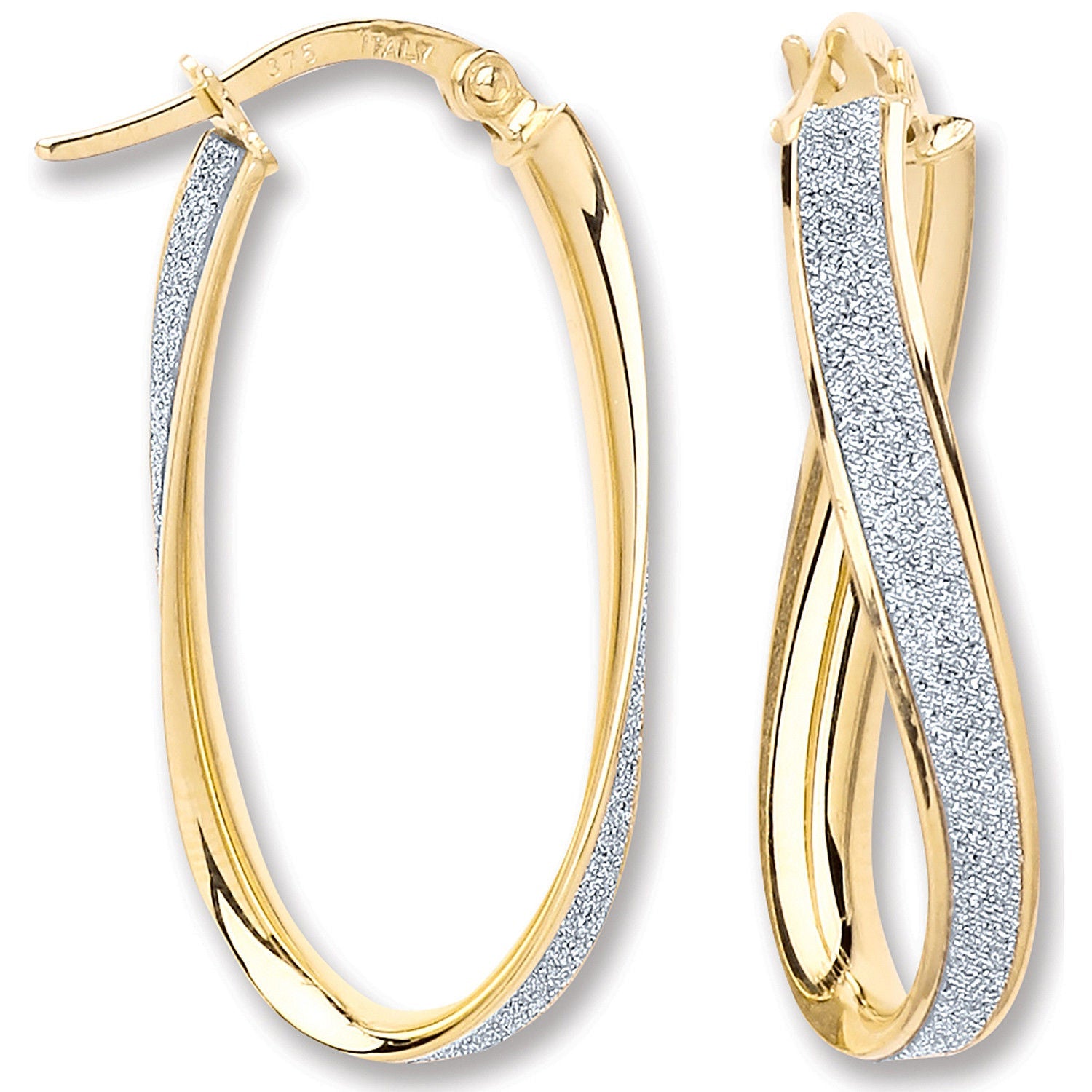 9ct Yellow Gold Glitter Oval Twist Hoop Earrings