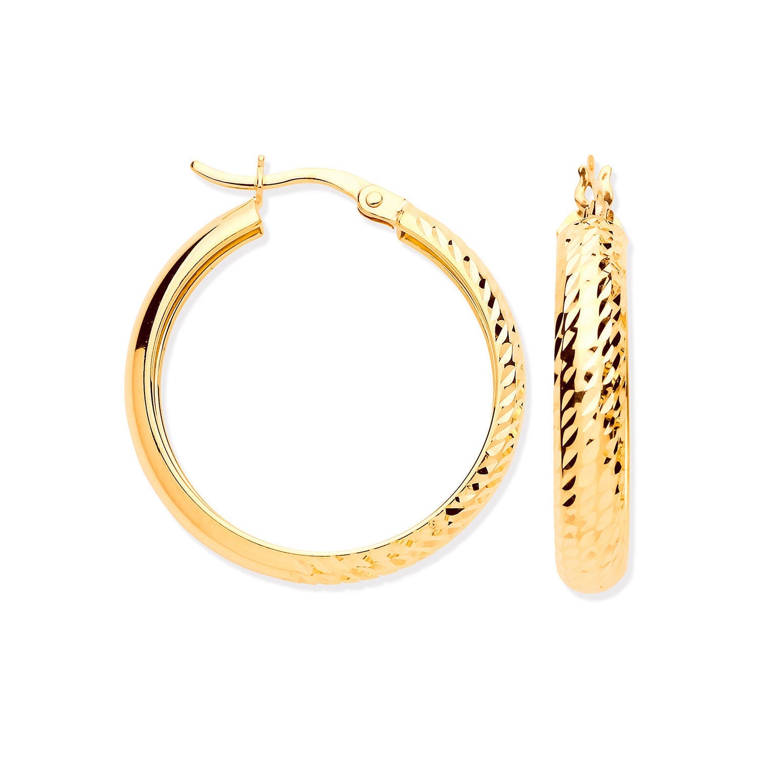 9ct Yellow Gold 24mm Half DC Half Plain Hoop Earrings