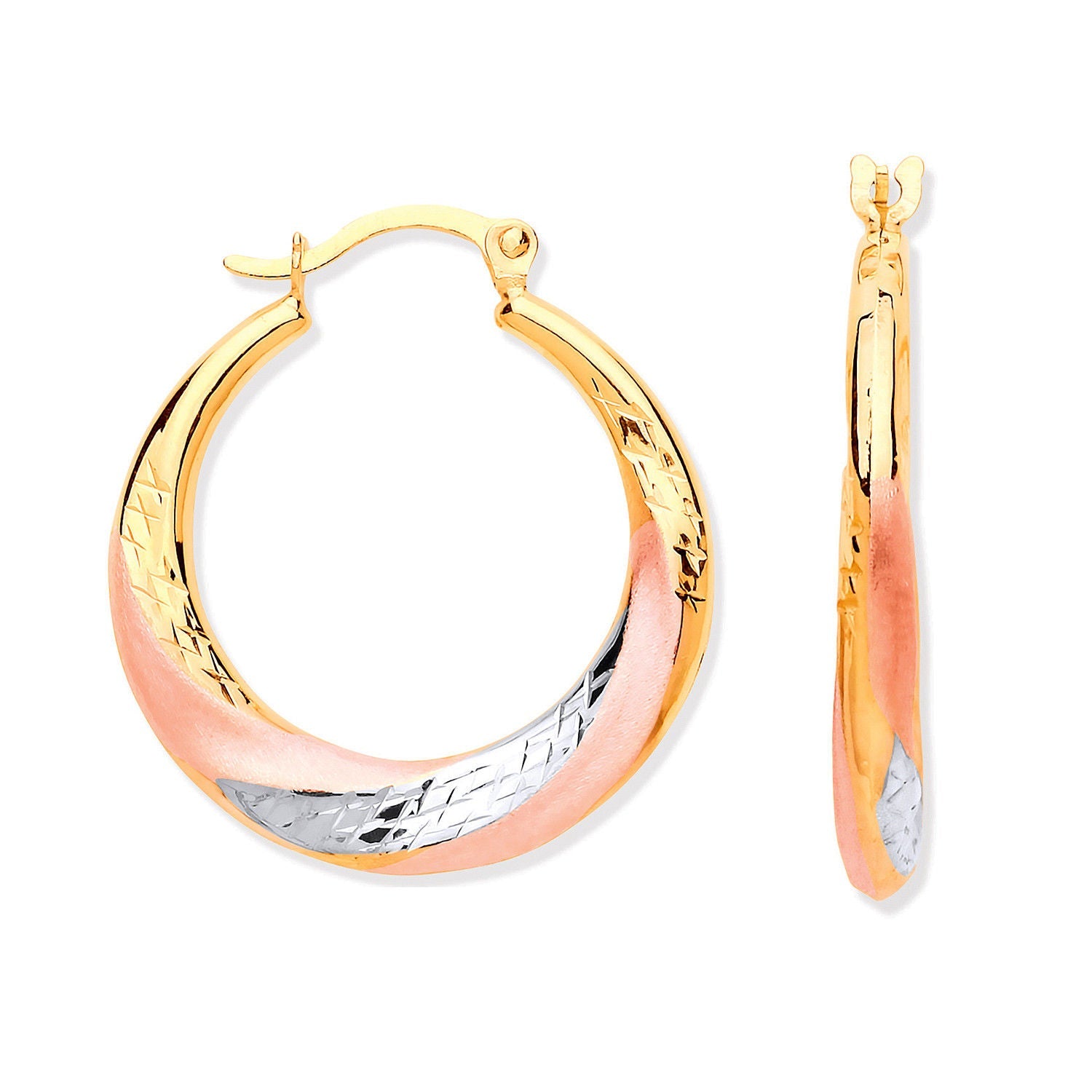 9ct Yellow, White & Rose Gold Twist Hoop Earrings