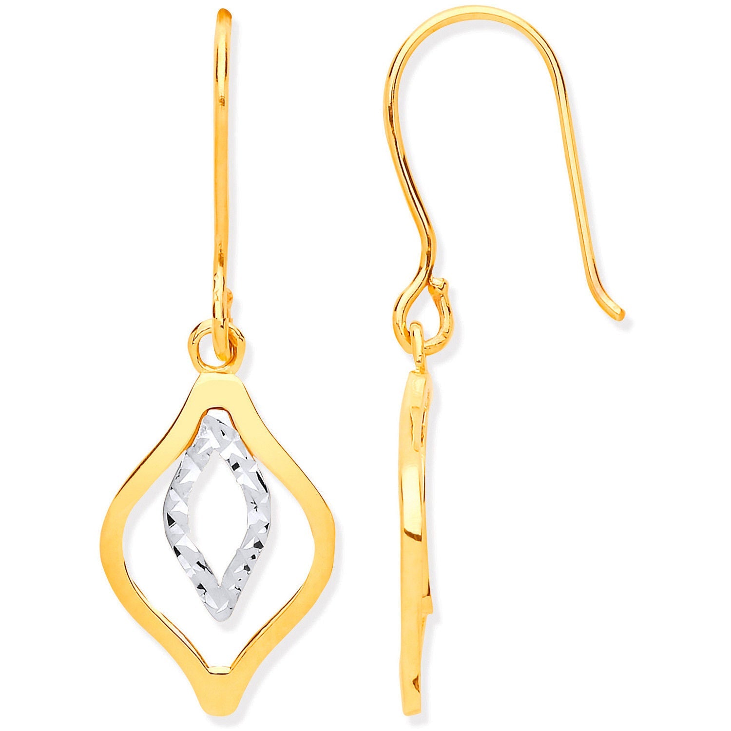 9ct Yellow & White Gold Rhombus Shaped Hook Earrings