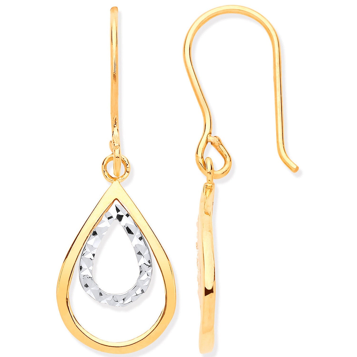 9ct Yellow & White Gold Teardrop Shaped Hook Earrings