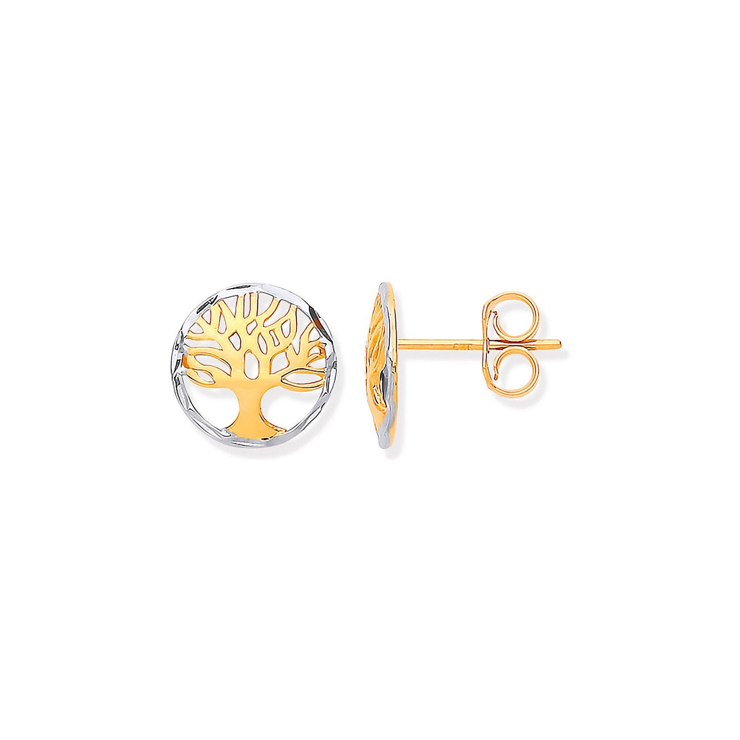 9ct White & Yellow Gold 10mm Tree of Life Stud Earrings