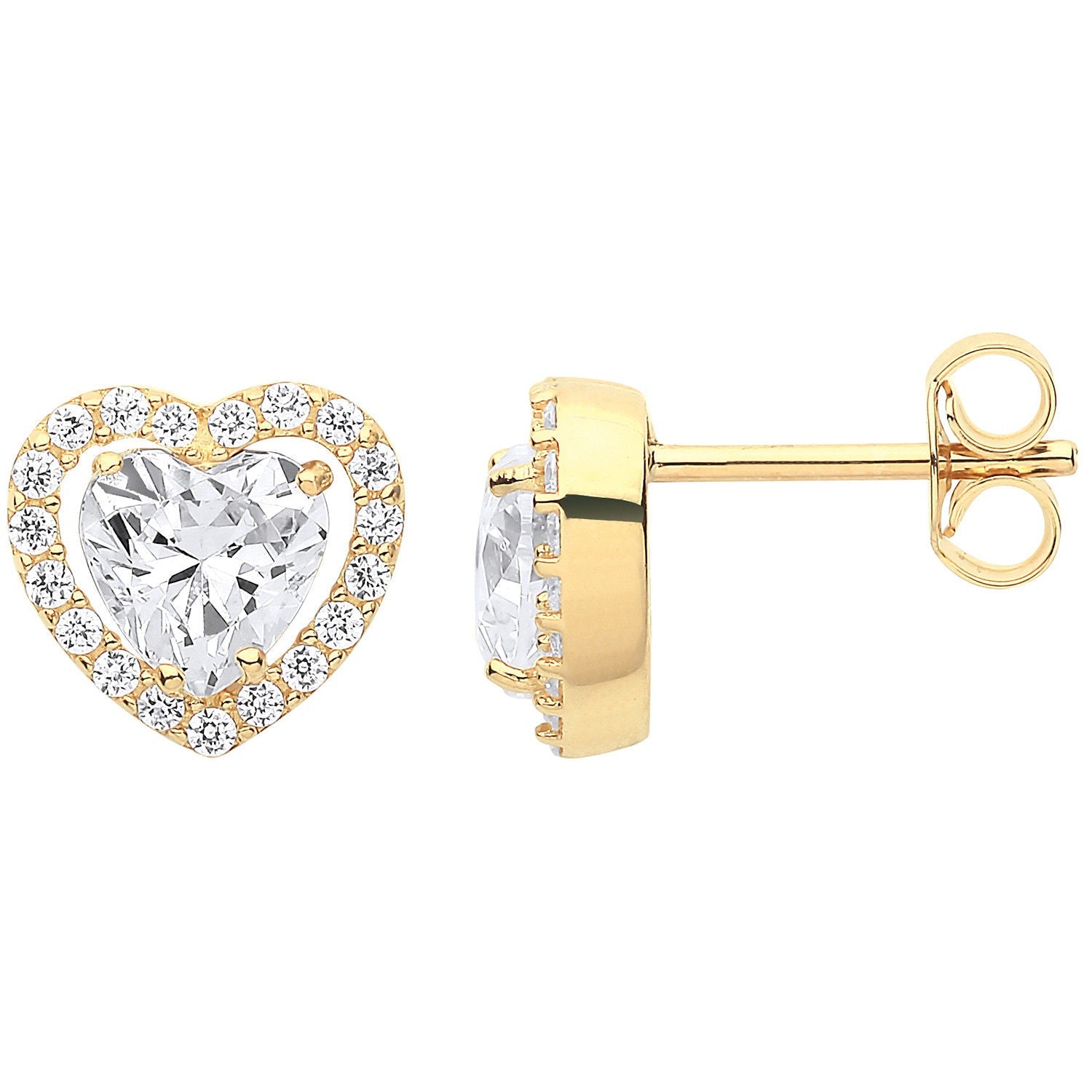 9ct Yellow Gold Heart Halo Style Cubic Zirconia Stud Earrings