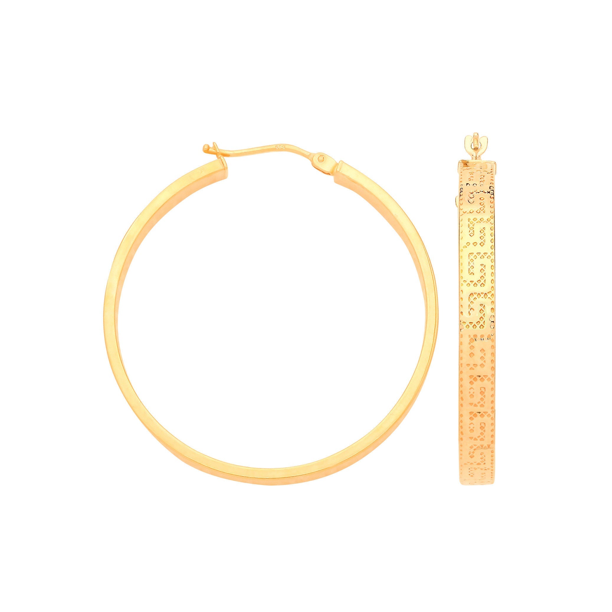 9ct Yellow Gold Greek Key 35mm Hoop Earrings