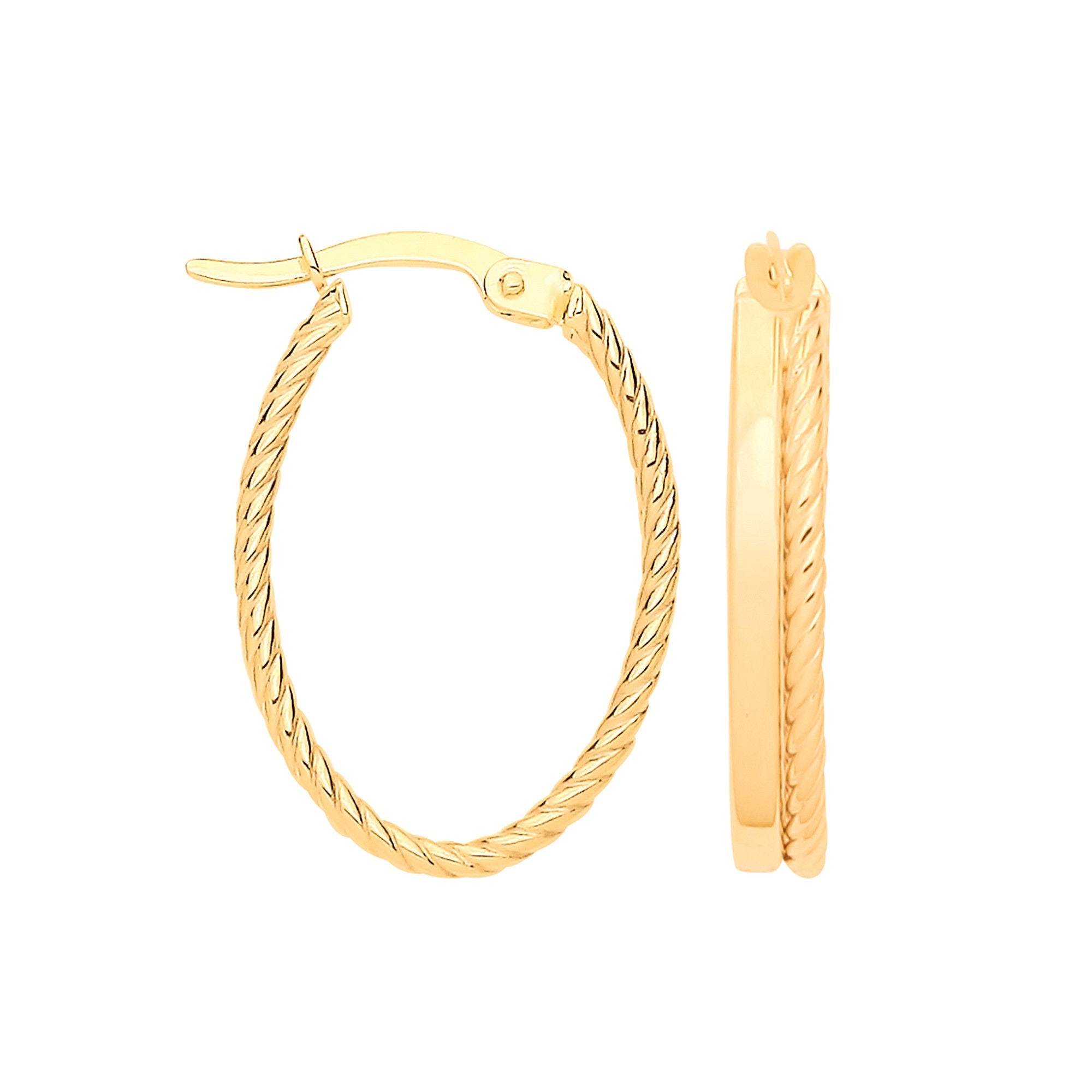 9ct Yellow Gold Double Tube, Plain & Twisted Oval Hoops