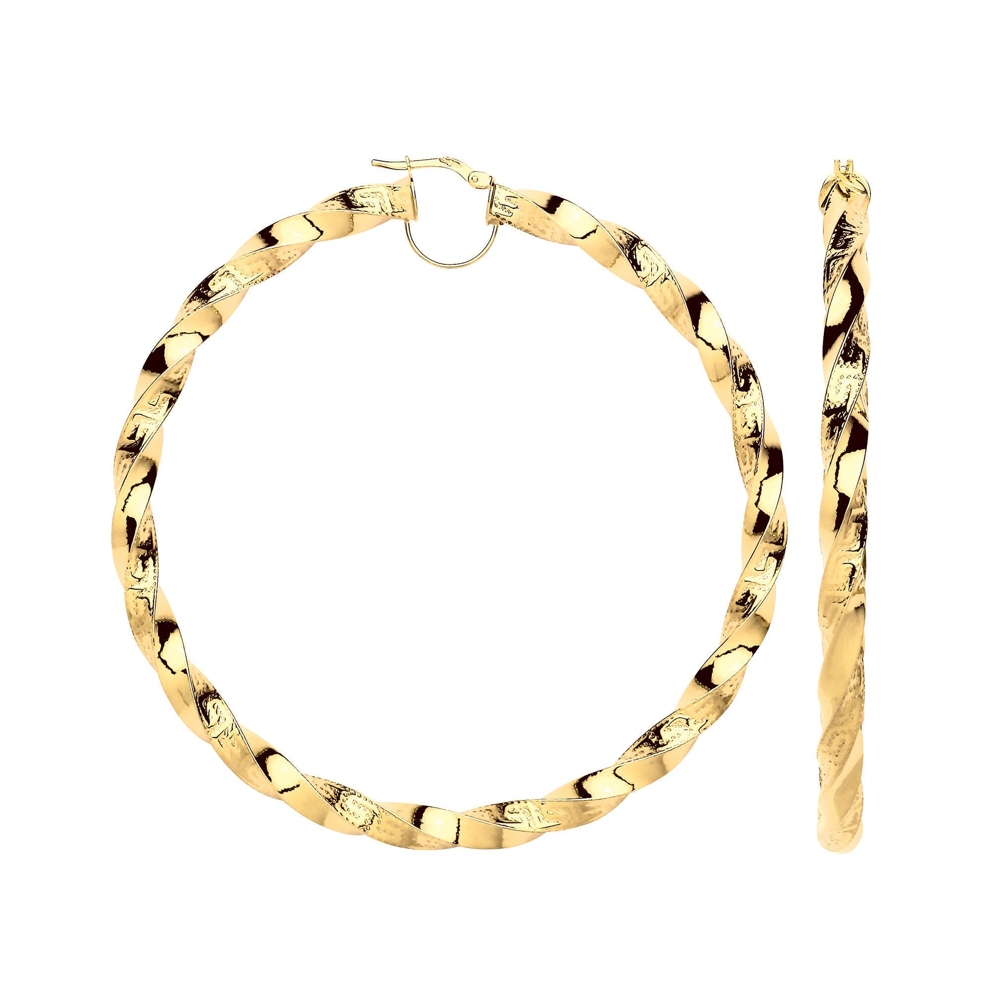 9ct Yellow Gold Twisted Greek Key 75mm Hoop Earrings