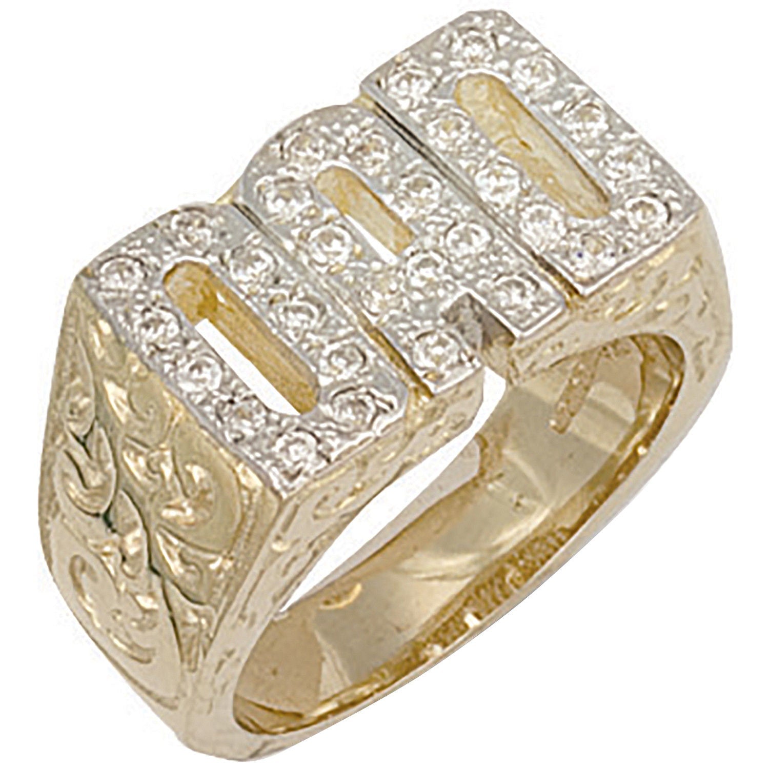 9ct Yellow Gold Cubic Zirconia Barked Sides Dad Ring