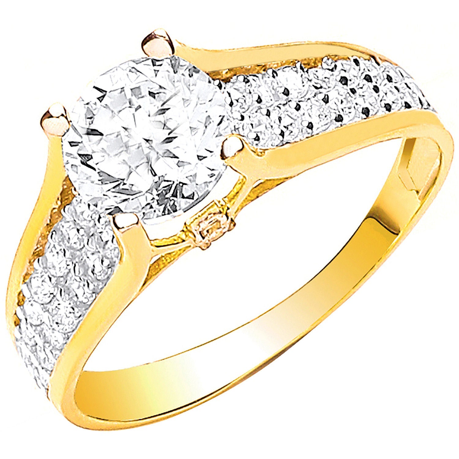 9ct Yellow Gold Ladies Single Stone Two Row Cubic Zirconia Shoulder Ring