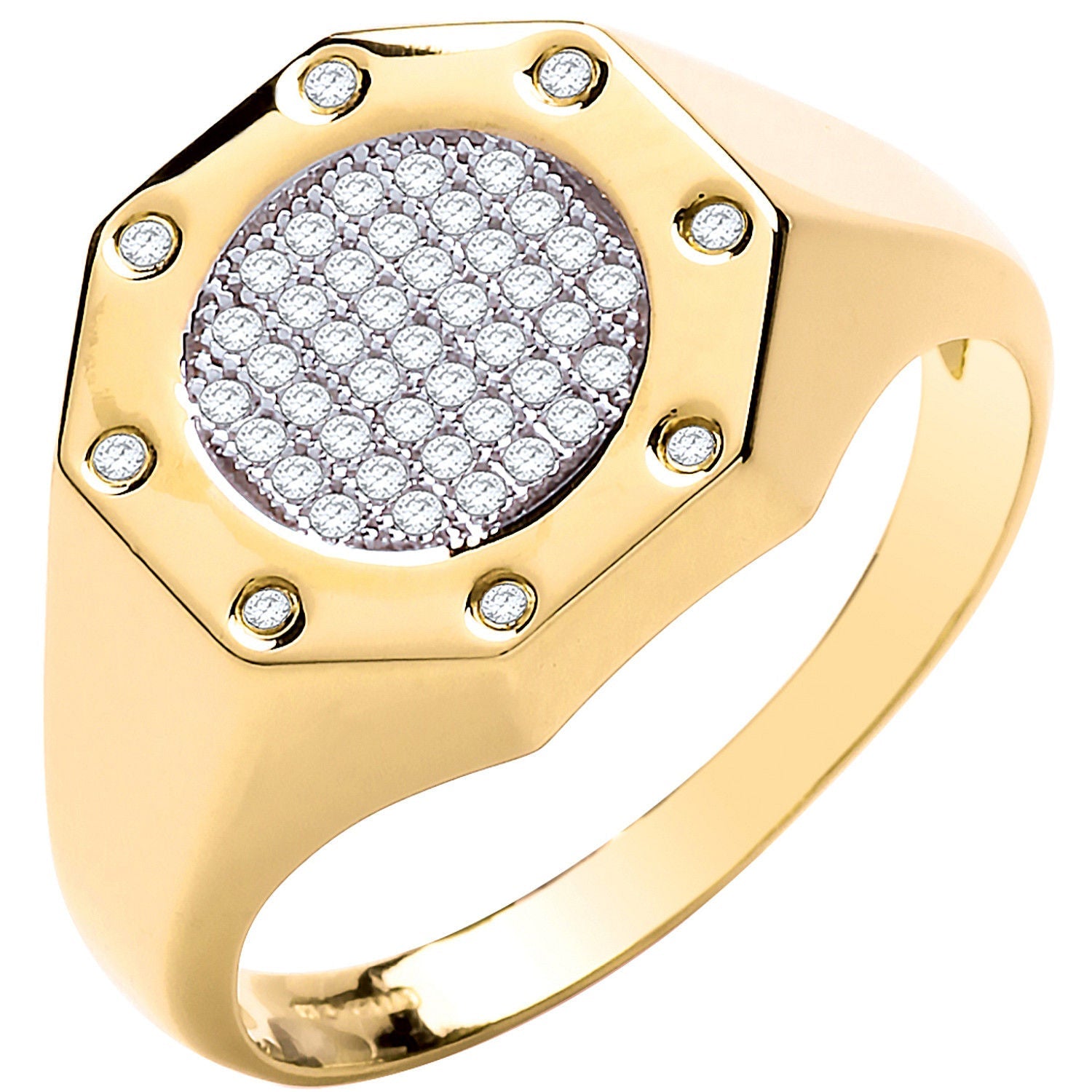 9ct Yellow Gold Octagon Top Fashion Cubic Zirconia Gents Ring