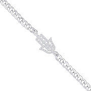 Silver Flat Curb Chain with Cz Hamsa  Bracelet