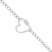Silver Oval Link Chain , Heart Cz Charm Bracelet
