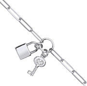 Silver Paper Clip Chain, Padlock & Cubic Zirconia Key Bracelet