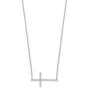 Silver Cubic Zirconia Sideways Cross Pendant 16" Necklace