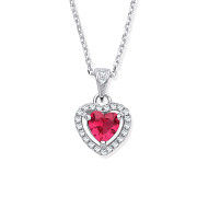 Silver Red Cubic Zirconia Halo Heart Pendant Necklace