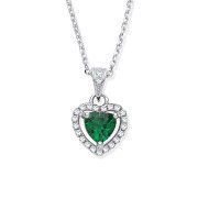 Silver Green Cubic Zirconia Halo Heart Pendant Necklace