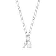 Silver Paper Clip Chain, Padlock & Cubic Zirconia Key Necklace
