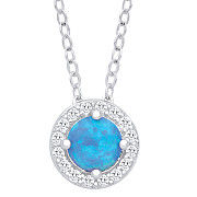 Silver Blue Opal Round Pendant with Chain