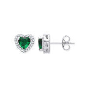 Silver Green Cubic Zirconia Halo Heart Stud Earrings