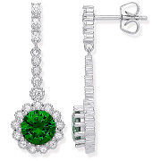 Silver Round Green Cubic Zirconia Long Drop Earrings