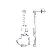 Silver Heart Paper Clip CZ Drop Earrings
