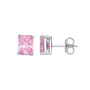 Silver PINK CZ Emerald Cut Stud Earrings