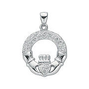 Silver Pave Set Cubic Zirconia Claddagh Drop Pendant