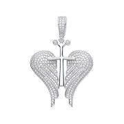 Silver Cubic Zirconia Open Angel Wings with Royal Cross Pendant