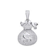 Silver $ Money Bag Cubic Zirconia Hollow Pendant