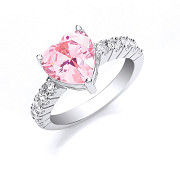 Silver Pink Heart S/S Cz with Cz on Shld Ring
