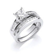 Silver Bridal Set Cubic Zirconia Princess Cut Rings