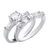 Silver Round and Baguette CZ Bridal Set Rings