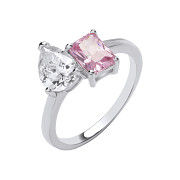 Silver Cross Over Pear Clear Cubic Zirconia & Pink Cubic Zirconia Ring